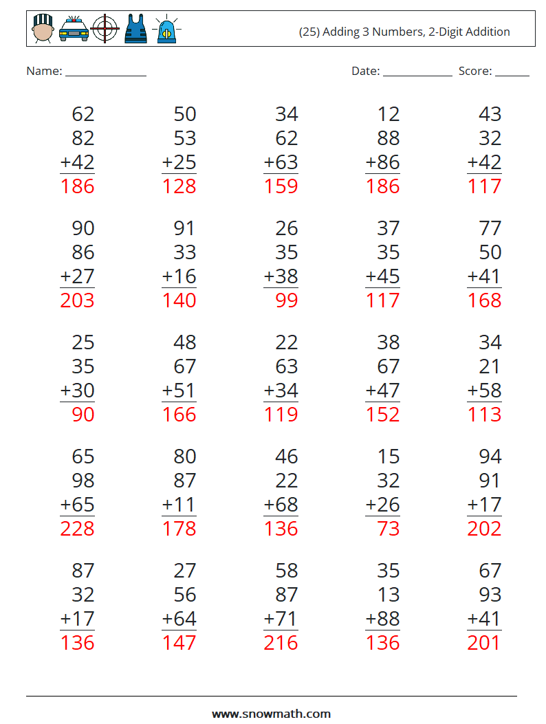 (25) Adding 3 Numbers, 2-Digit Addition Math Worksheets 3 Question, Answer