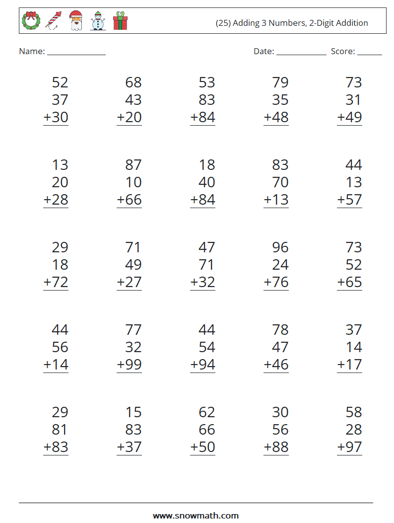 (25) Adding 3 Numbers, 2-Digit Addition Math Worksheets 4