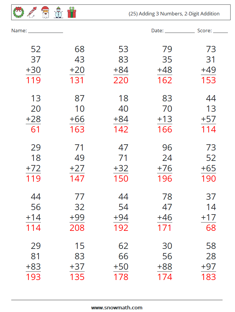 (25) Adding 3 Numbers, 2-Digit Addition Math Worksheets 4 Question, Answer