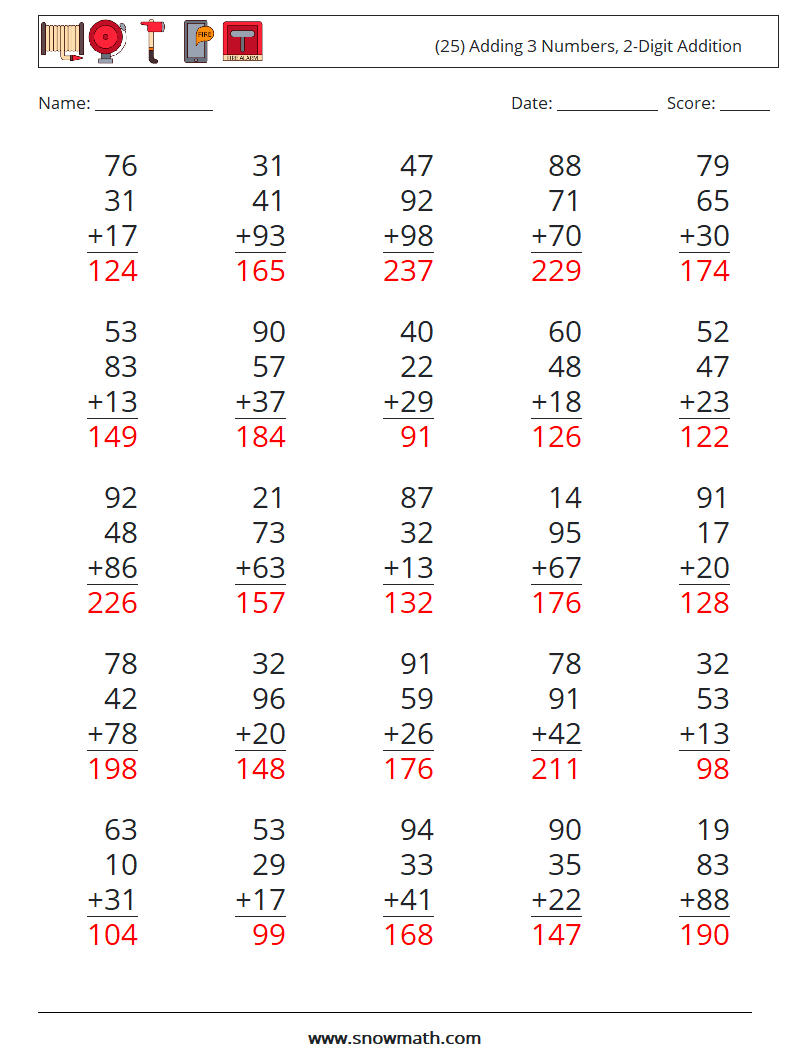 (25) Adding 3 Numbers, 2-Digit Addition Math Worksheets 5 Question, Answer