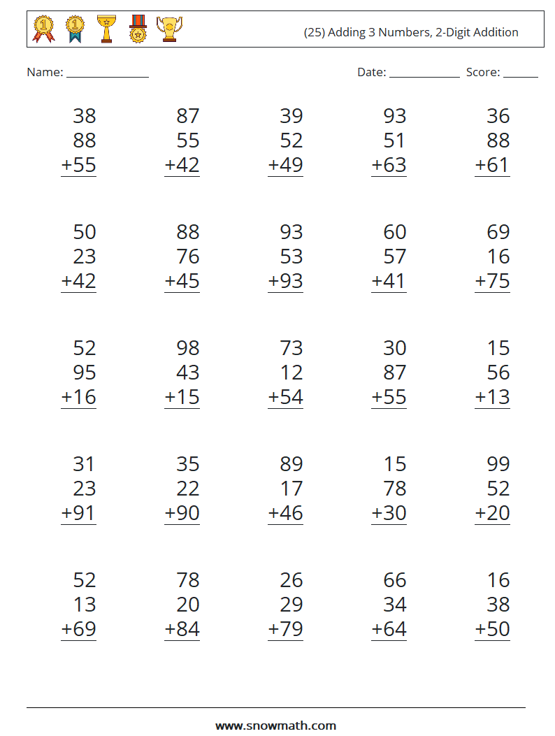 (25) Adding 3 Numbers, 2-Digit Addition Math Worksheets 6