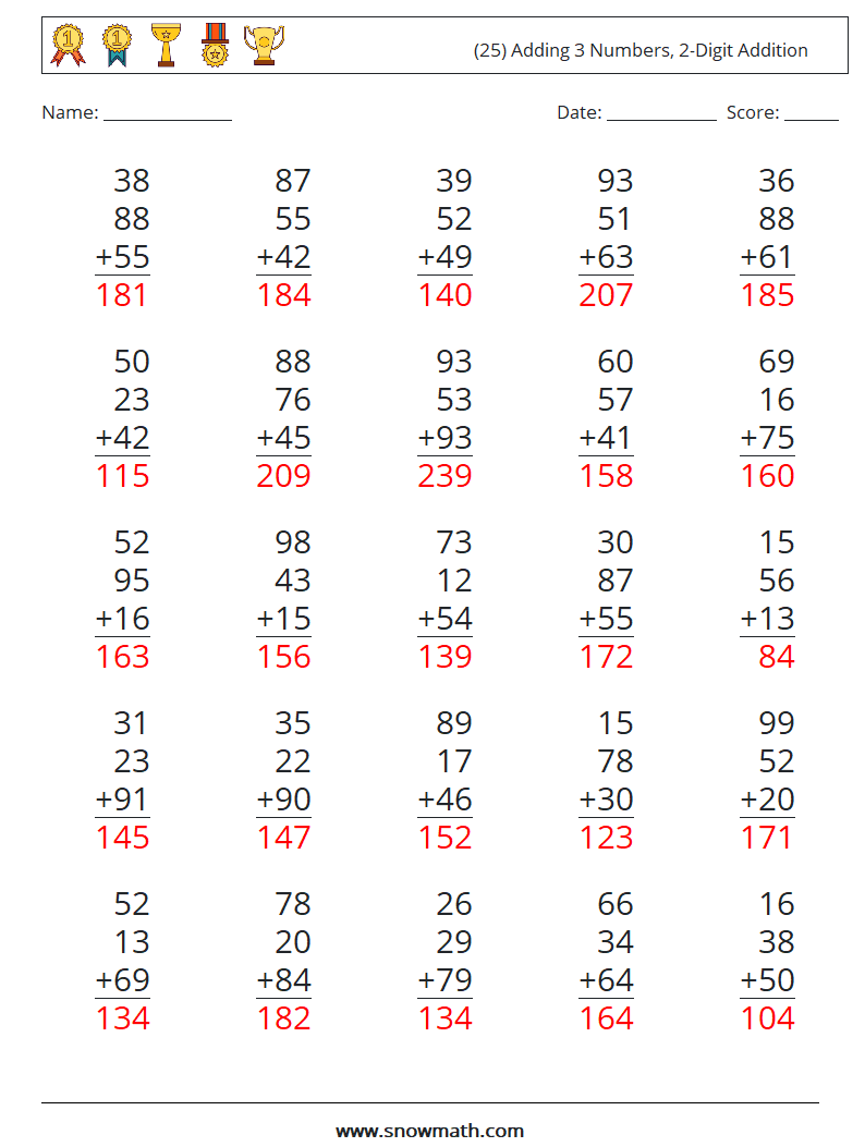 (25) Adding 3 Numbers, 2-Digit Addition Math Worksheets 6 Question, Answer