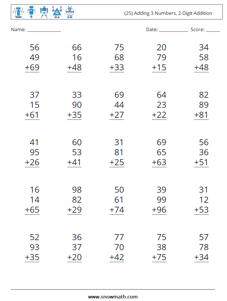 (25) Adding 3 Numbers, 2-Digit Addition Math Worksheets 7