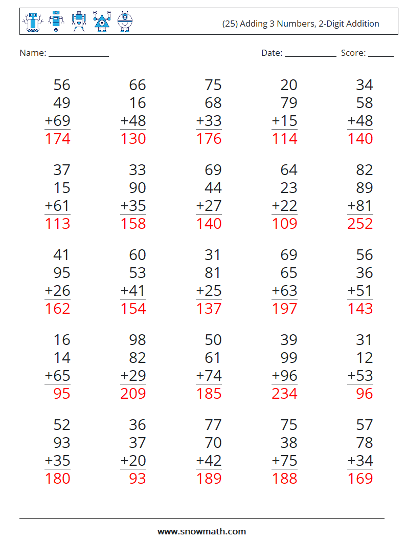 (25) Adding 3 Numbers, 2-Digit Addition Math Worksheets 7 Question, Answer