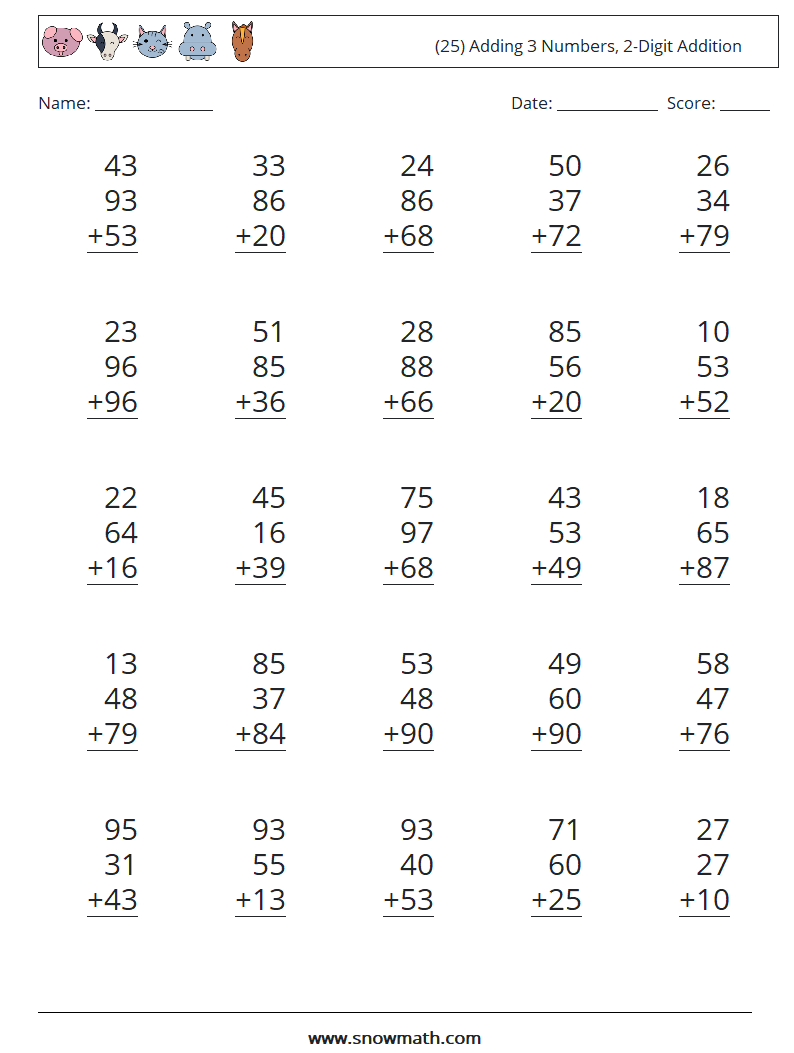 (25) Adding 3 Numbers, 2-Digit Addition Math Worksheets 8