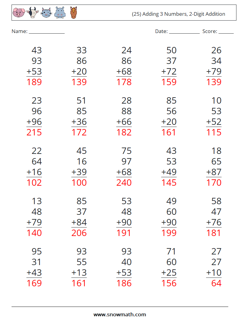 (25) Adding 3 Numbers, 2-Digit Addition Math Worksheets 8 Question, Answer