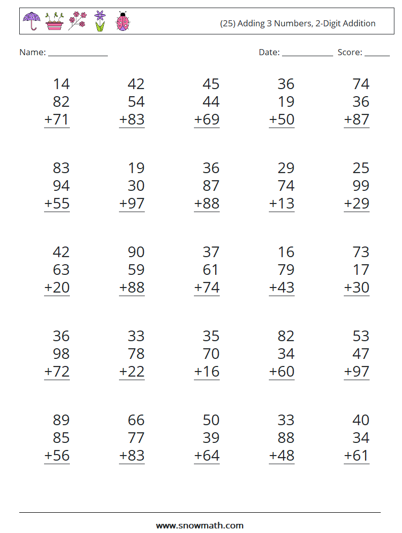 (25) Adding 3 Numbers, 2-Digit Addition Math Worksheets 9