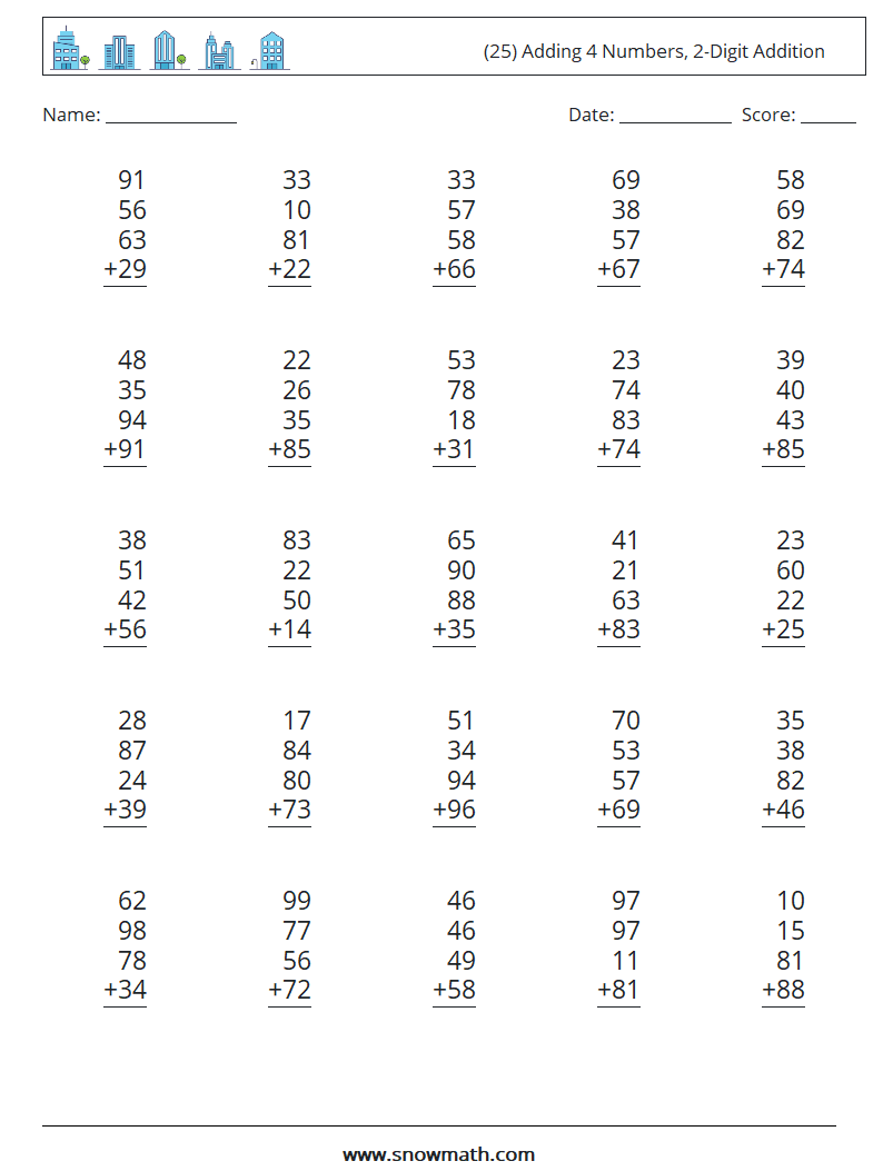 (25) Adding 4 Numbers, 2-Digit Addition Math Worksheets 1