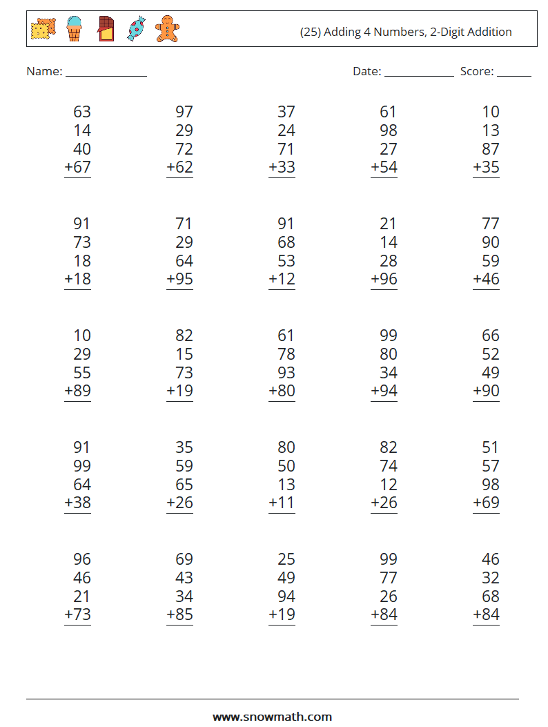 (25) Adding 4 Numbers, 2-Digit Addition Math Worksheets 11