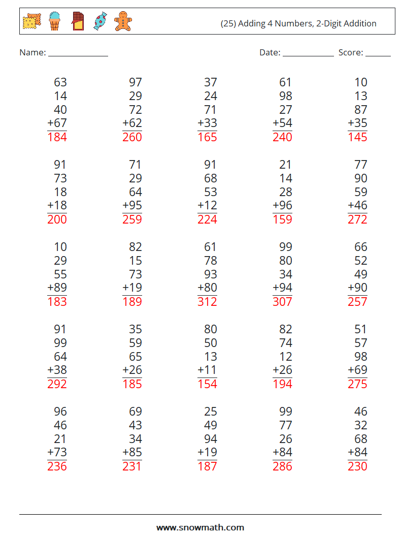 (25) Adding 4 Numbers, 2-Digit Addition Math Worksheets 11 Question, Answer