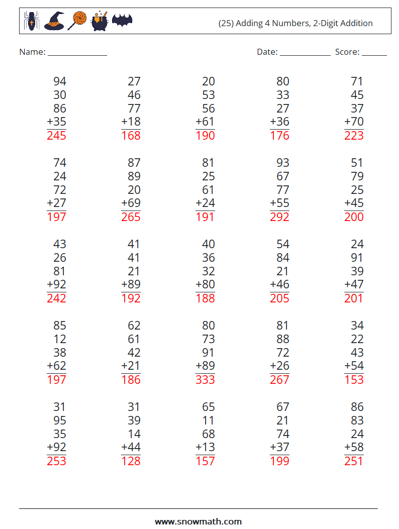 (25) Adding 4 Numbers, 2-Digit Addition Math Worksheets 12 Question, Answer