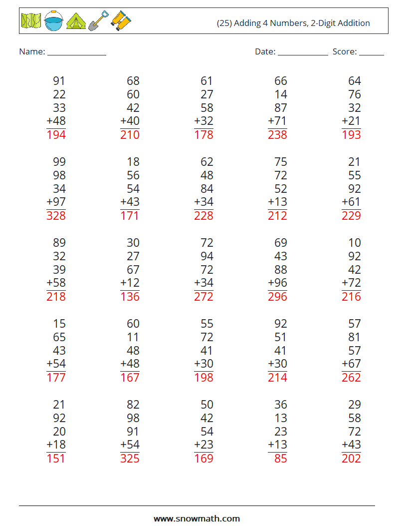 (25) Adding 4 Numbers, 2-Digit Addition Math Worksheets 13 Question, Answer
