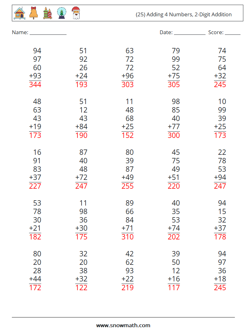 (25) Adding 4 Numbers, 2-Digit Addition Math Worksheets 14 Question, Answer