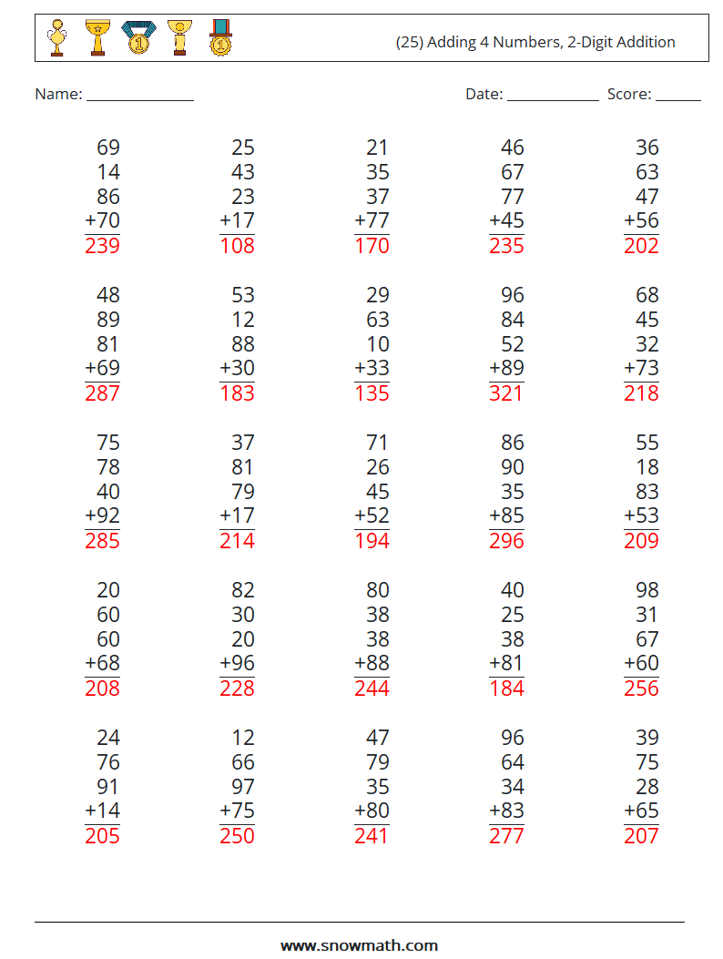 (25) Adding 4 Numbers, 2-Digit Addition Math Worksheets 17 Question, Answer