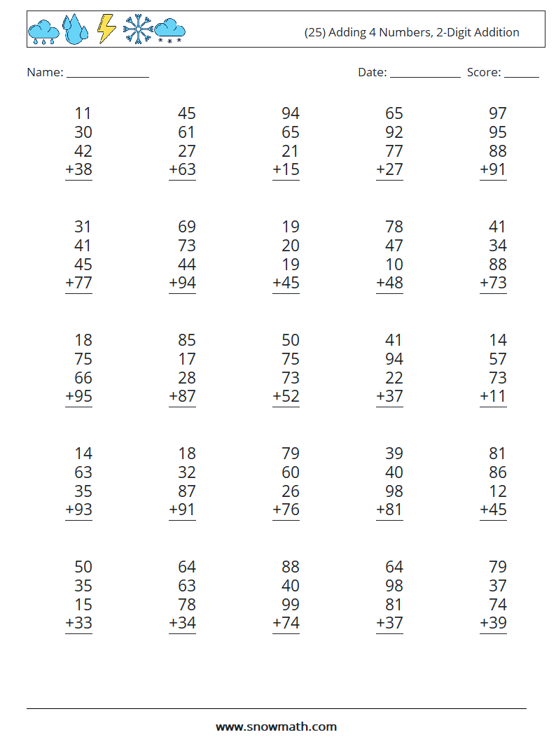 (25) Adding 4 Numbers, 2-Digit Addition Math Worksheets 18