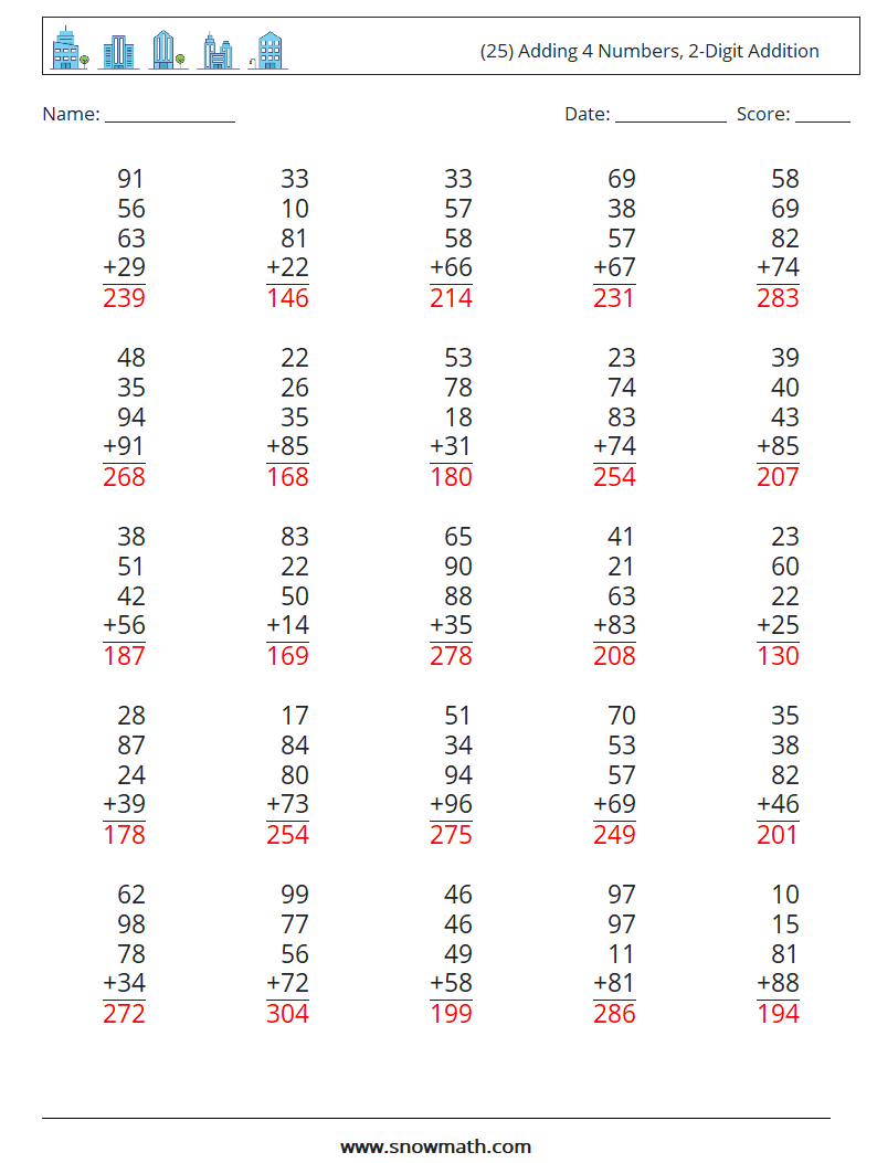 (25) Adding 4 Numbers, 2-Digit Addition Math Worksheets 1 Question, Answer