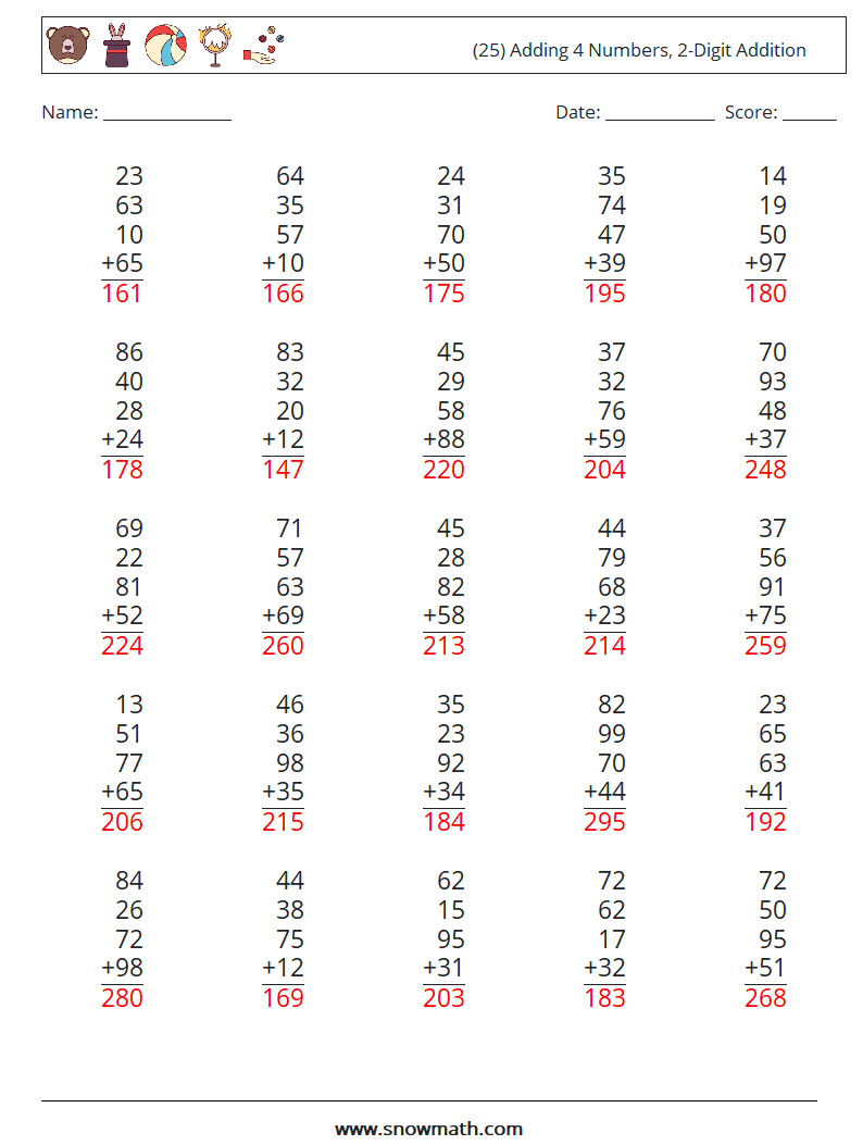 (25) Adding 4 Numbers, 2-Digit Addition Math Worksheets 2 Question, Answer