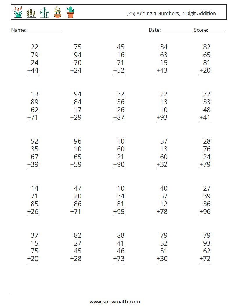 (25) Adding 4 Numbers, 2-Digit Addition Math Worksheets 3