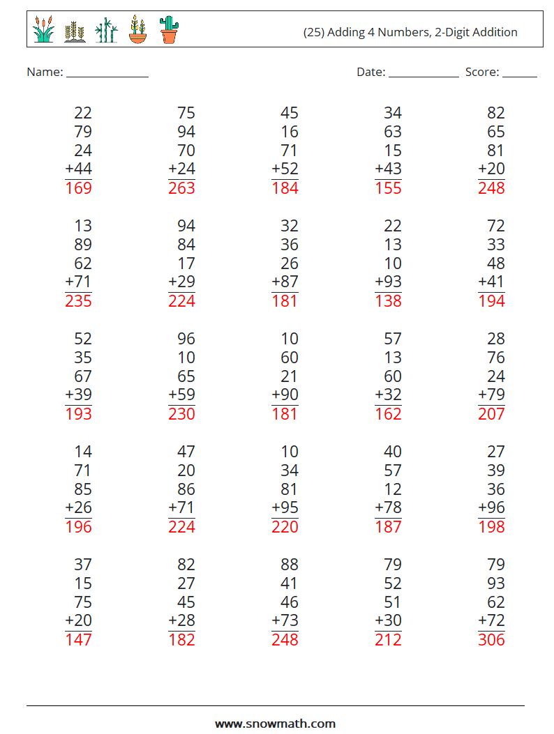 (25) Adding 4 Numbers, 2-Digit Addition Math Worksheets 3 Question, Answer