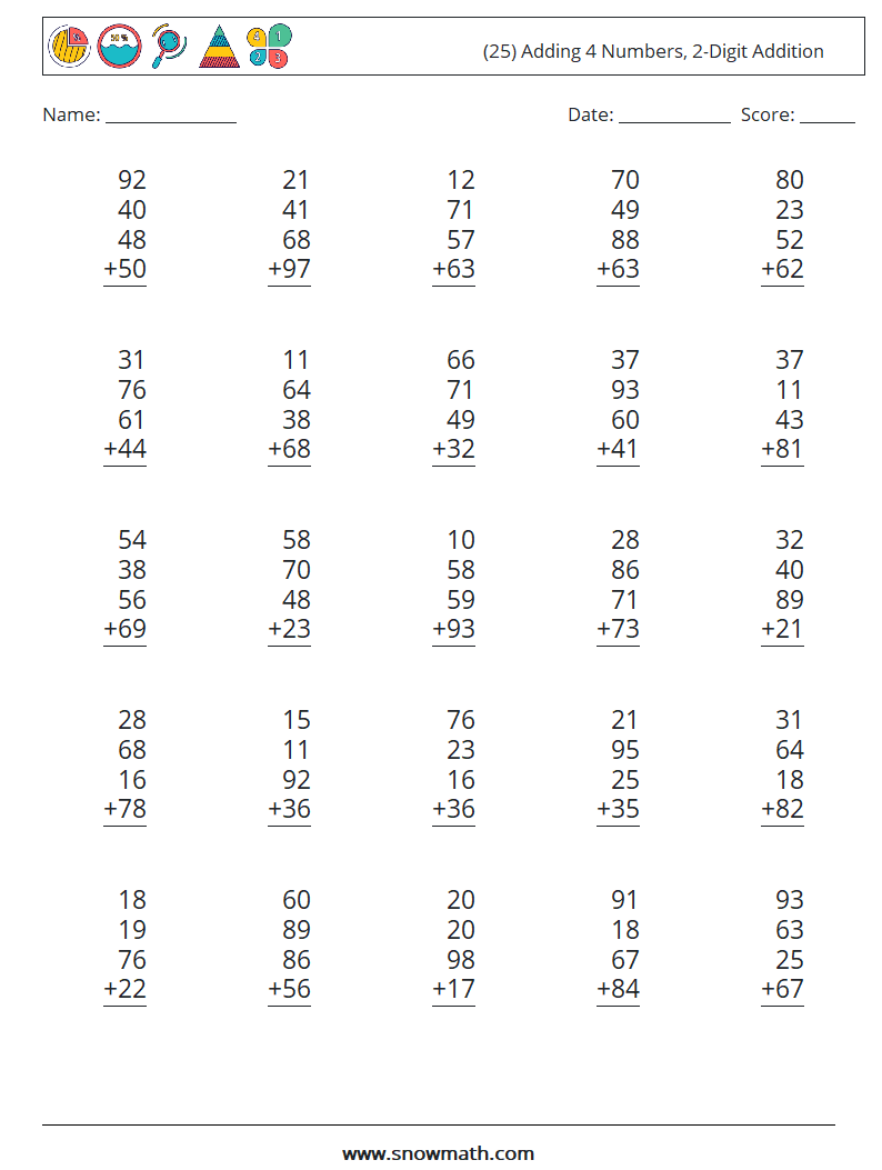 (25) Adding 4 Numbers, 2-Digit Addition Math Worksheets 4