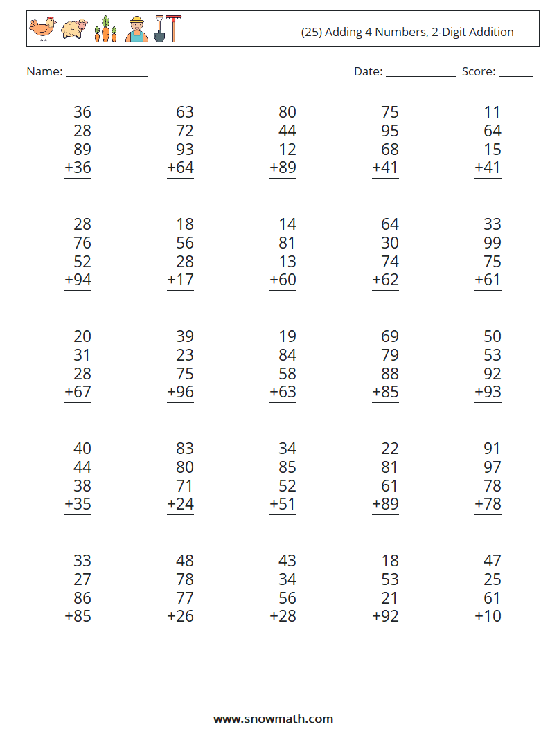 (25) Adding 4 Numbers, 2-Digit Addition Math Worksheets 5