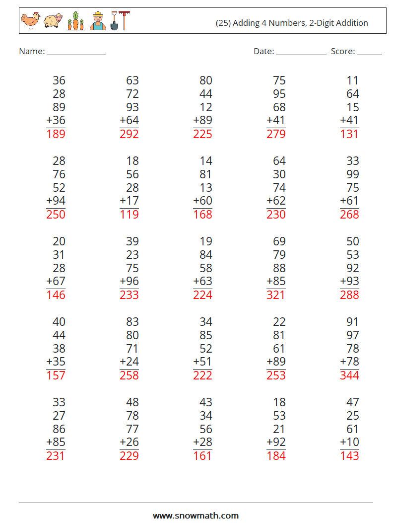 (25) Adding 4 Numbers, 2-Digit Addition Math Worksheets 5 Question, Answer