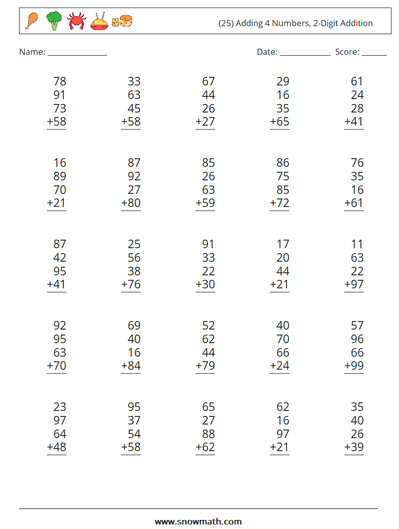 (25) Adding 4 Numbers, 2-Digit Addition Math Worksheets 6