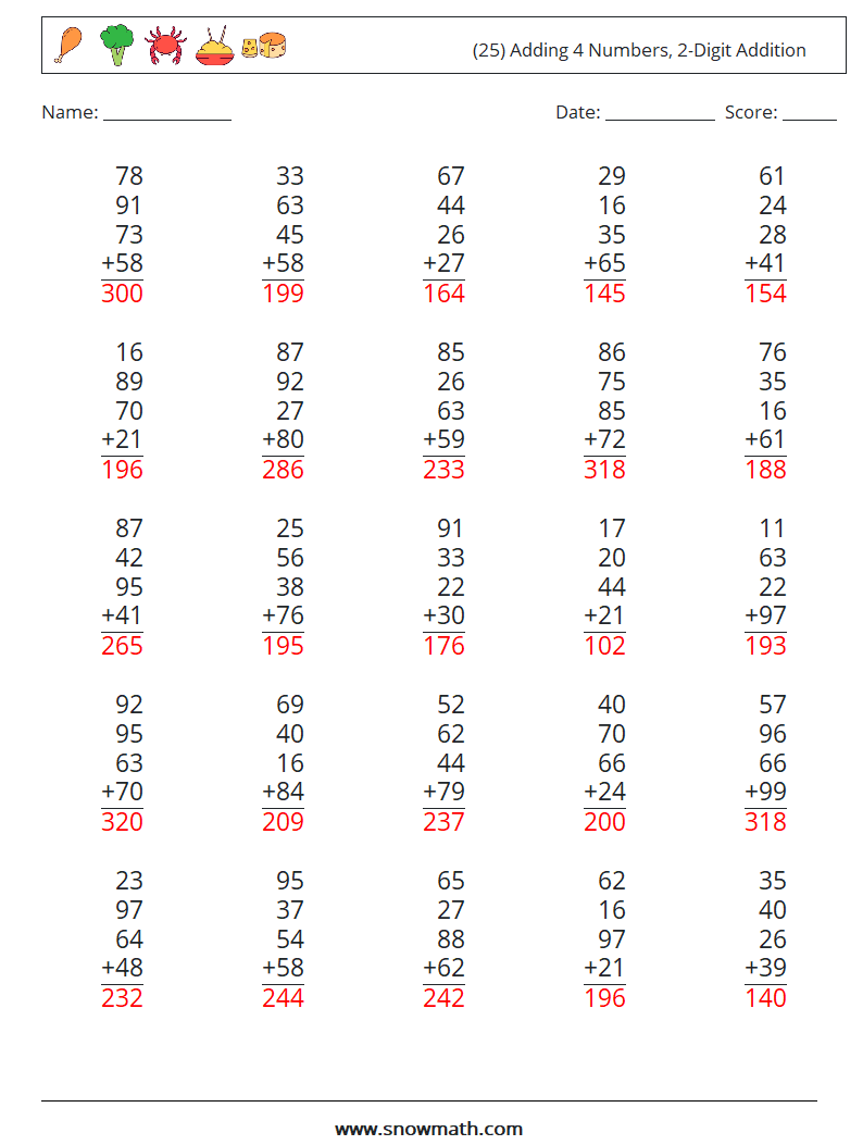 (25) Adding 4 Numbers, 2-Digit Addition Math Worksheets 6 Question, Answer