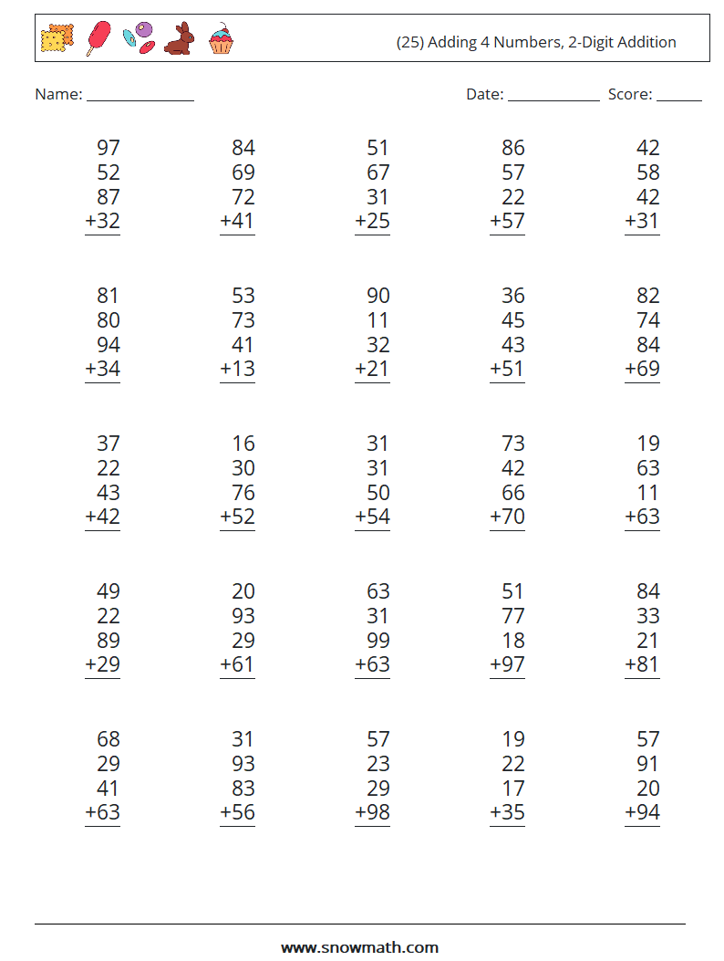 (25) Adding 4 Numbers, 2-Digit Addition Math Worksheets 7
