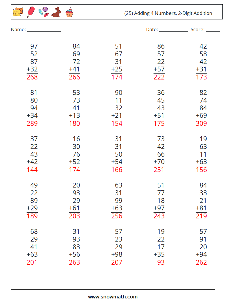 (25) Adding 4 Numbers, 2-Digit Addition Math Worksheets 7 Question, Answer