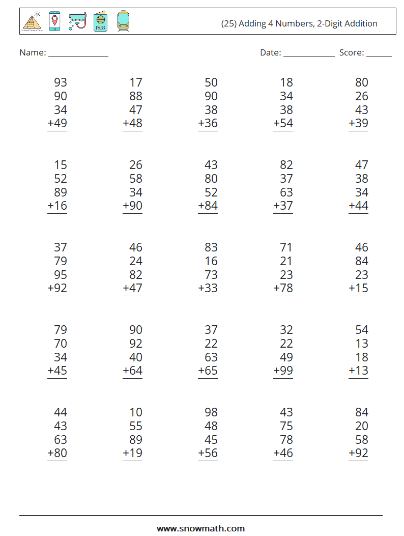 (25) Adding 4 Numbers, 2-Digit Addition Math Worksheets 8