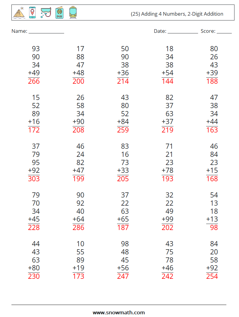 (25) Adding 4 Numbers, 2-Digit Addition Math Worksheets 8 Question, Answer