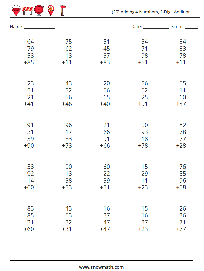 (25) Adding 4 Numbers, 2-Digit Addition Math Worksheets 9