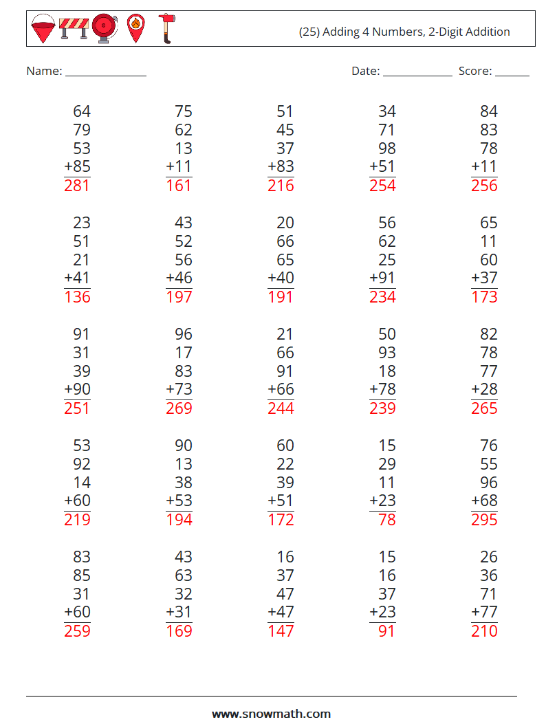 (25) Adding 4 Numbers, 2-Digit Addition Math Worksheets 9 Question, Answer