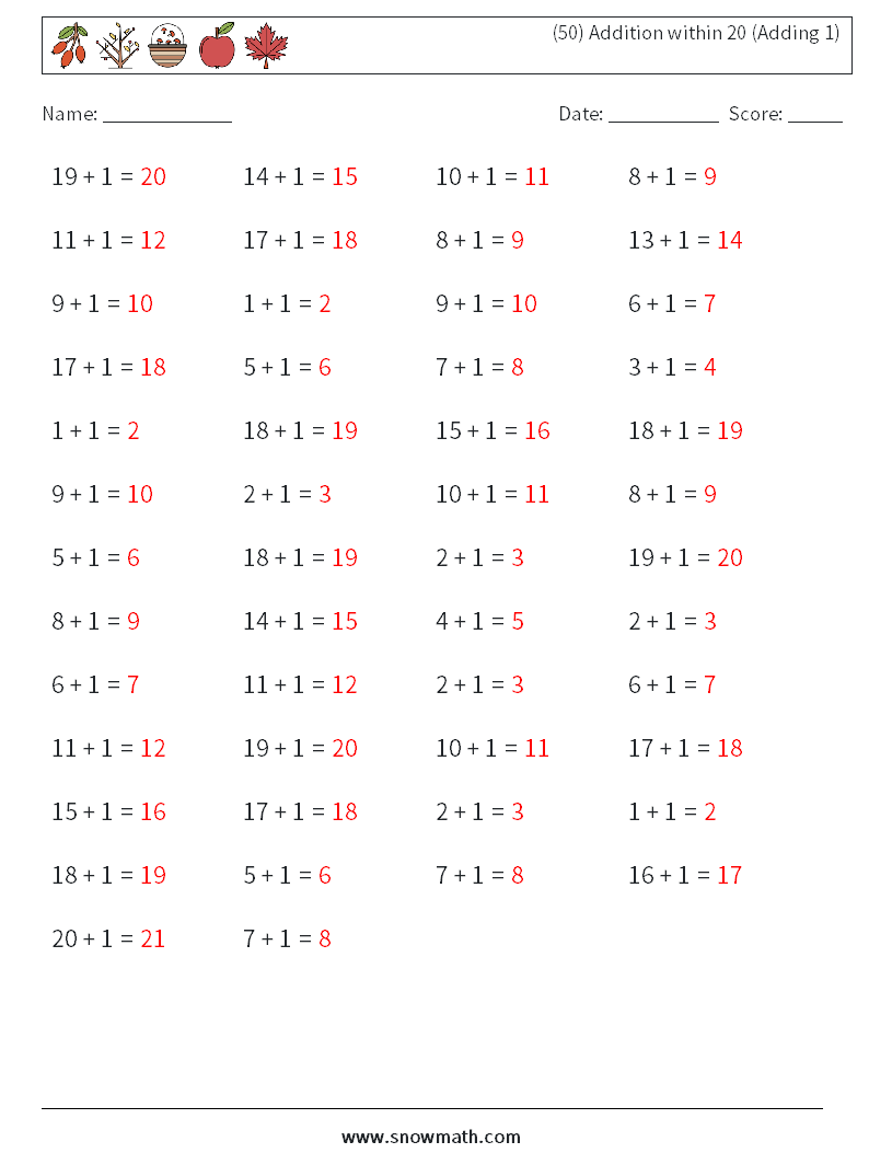 (50) Addition within 20 (Adding 1) Math Worksheets 1 Question, Answer