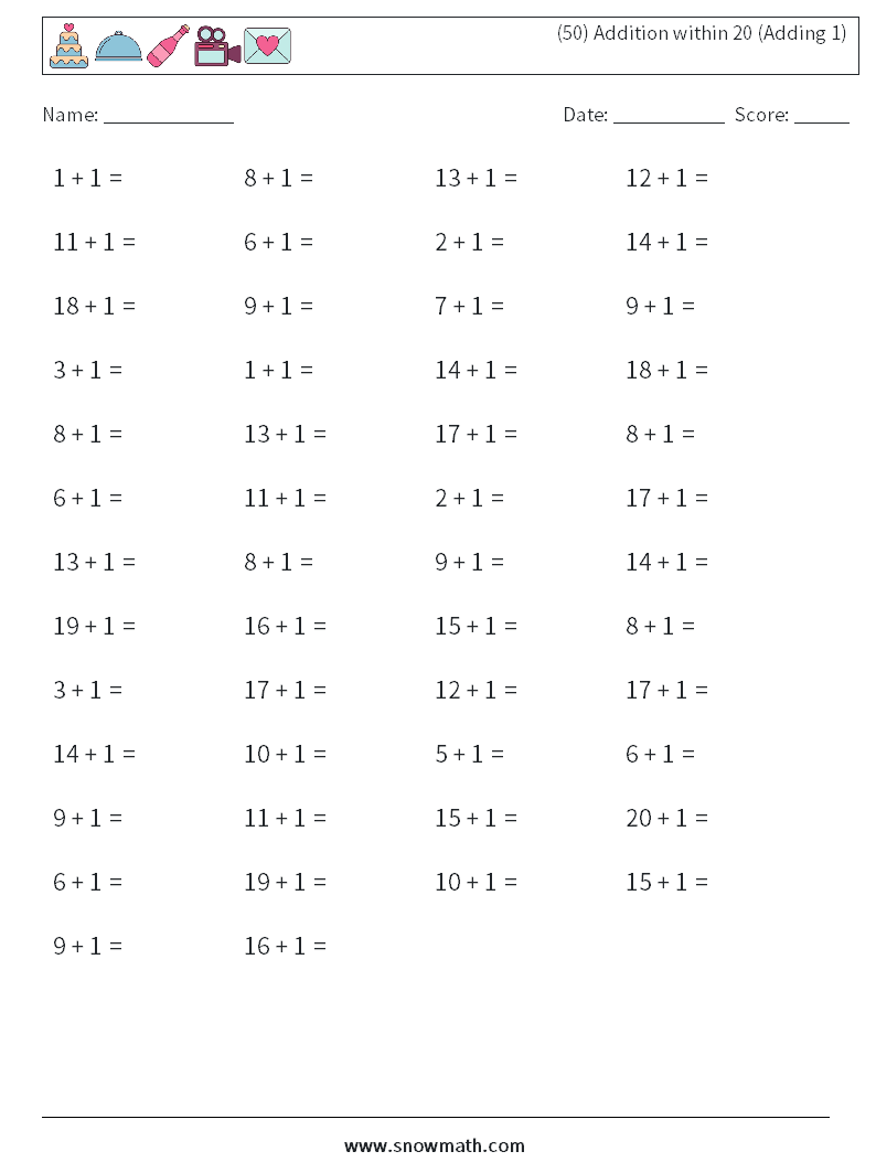 (50) Addition within 20 (Adding 1) Math Worksheets 2