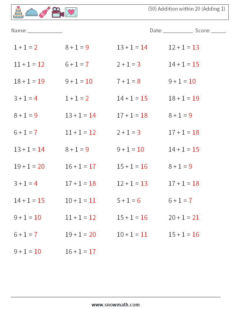 (50) Addition within 20 (Adding 1) Math Worksheets 2 Question, Answer