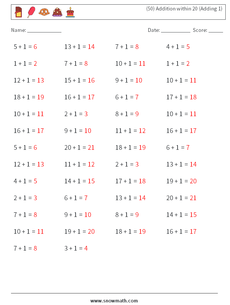 (50) Addition within 20 (Adding 1) Math Worksheets 3 Question, Answer