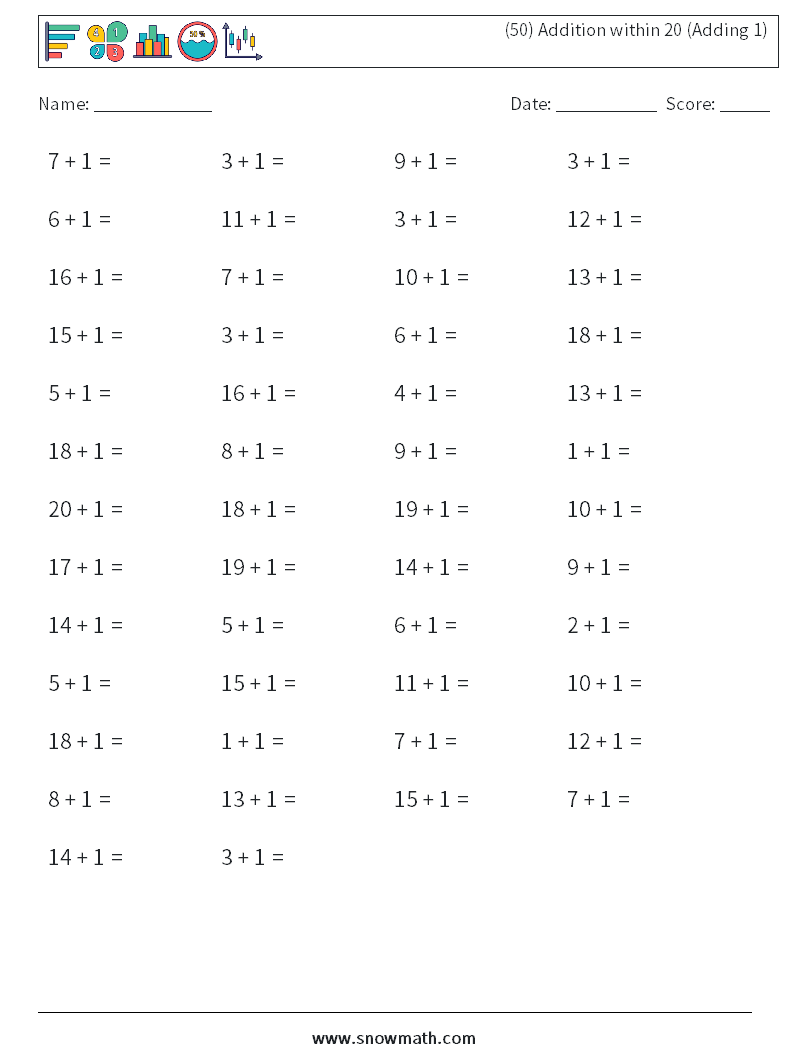 (50) Addition within 20 (Adding 1) Math Worksheets 4