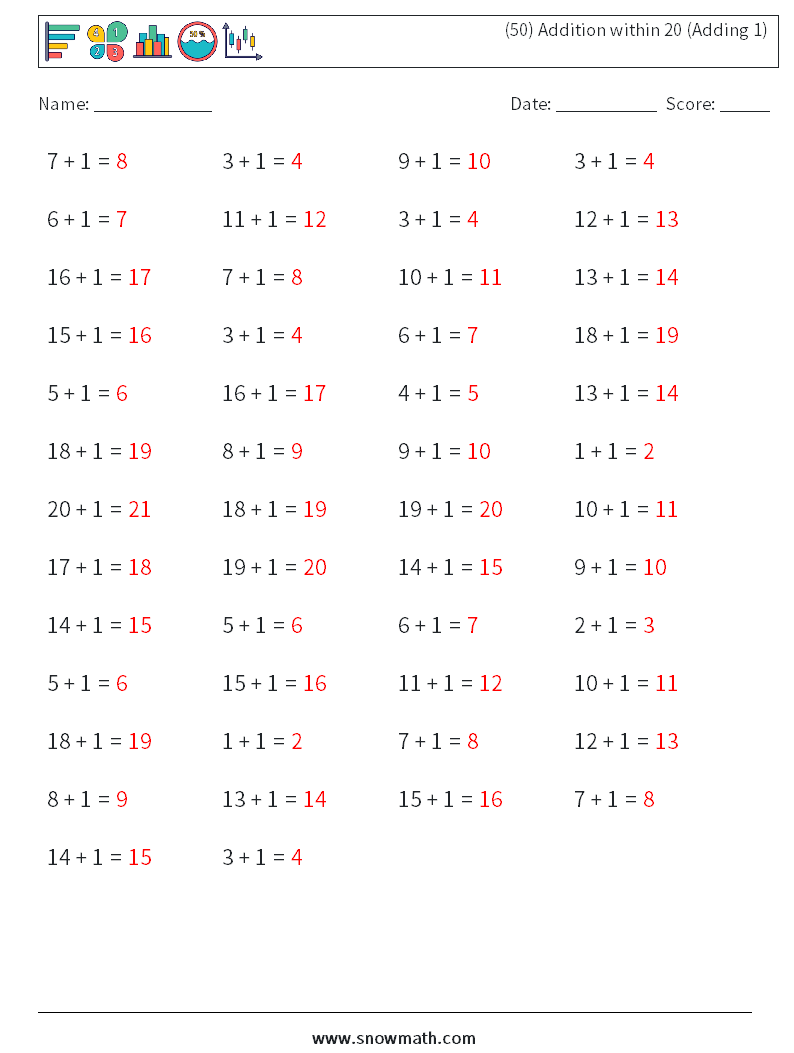 (50) Addition within 20 (Adding 1) Math Worksheets 4 Question, Answer
