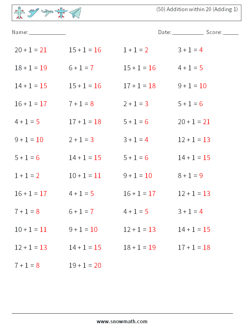 (50) Addition within 20 (Adding 1) Math Worksheets 5 Question, Answer