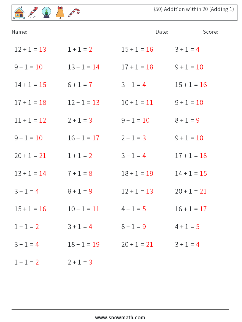 (50) Addition within 20 (Adding 1) Math Worksheets 6 Question, Answer