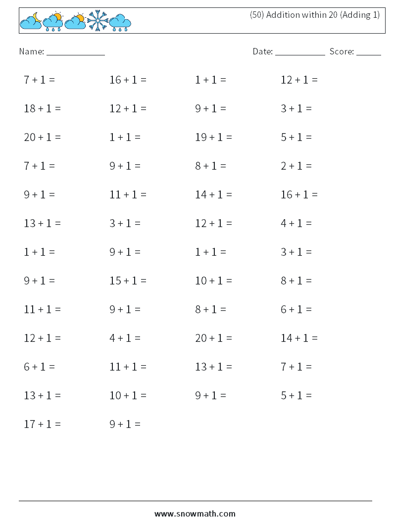(50) Addition within 20 (Adding 1) Math Worksheets 7