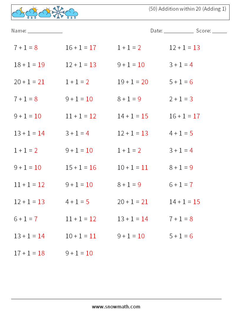 (50) Addition within 20 (Adding 1) Math Worksheets 7 Question, Answer