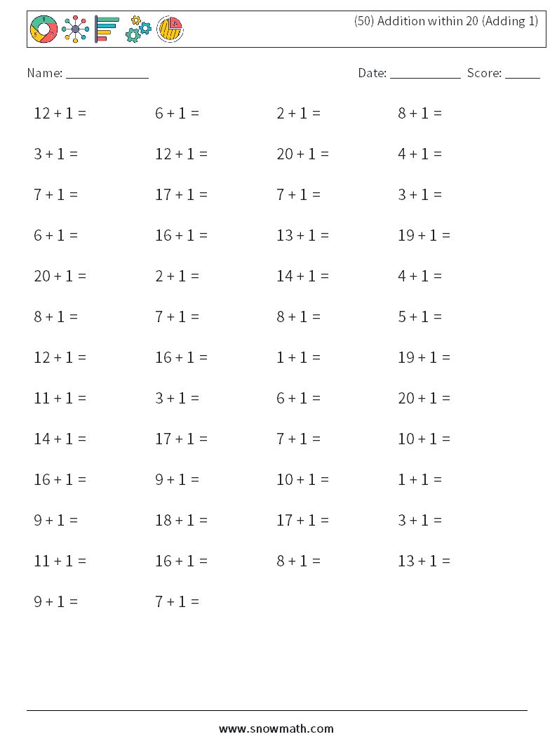 (50) Addition within 20 (Adding 1) Math Worksheets 8