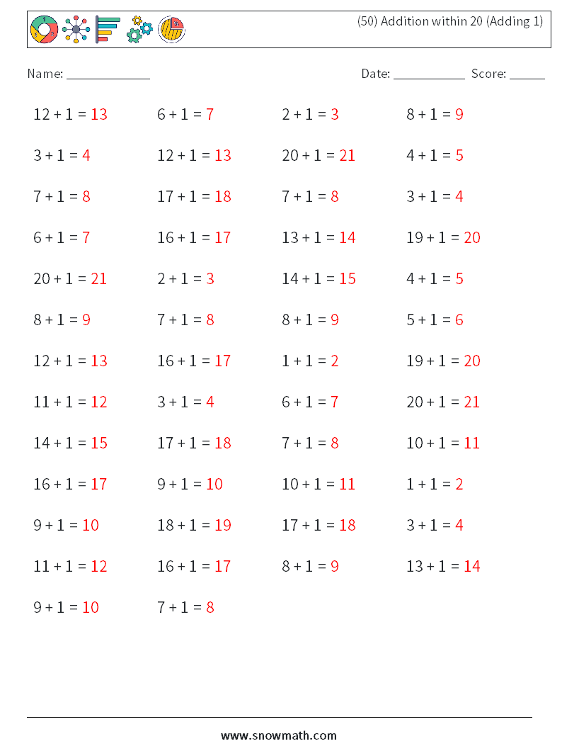 (50) Addition within 20 (Adding 1) Math Worksheets 8 Question, Answer