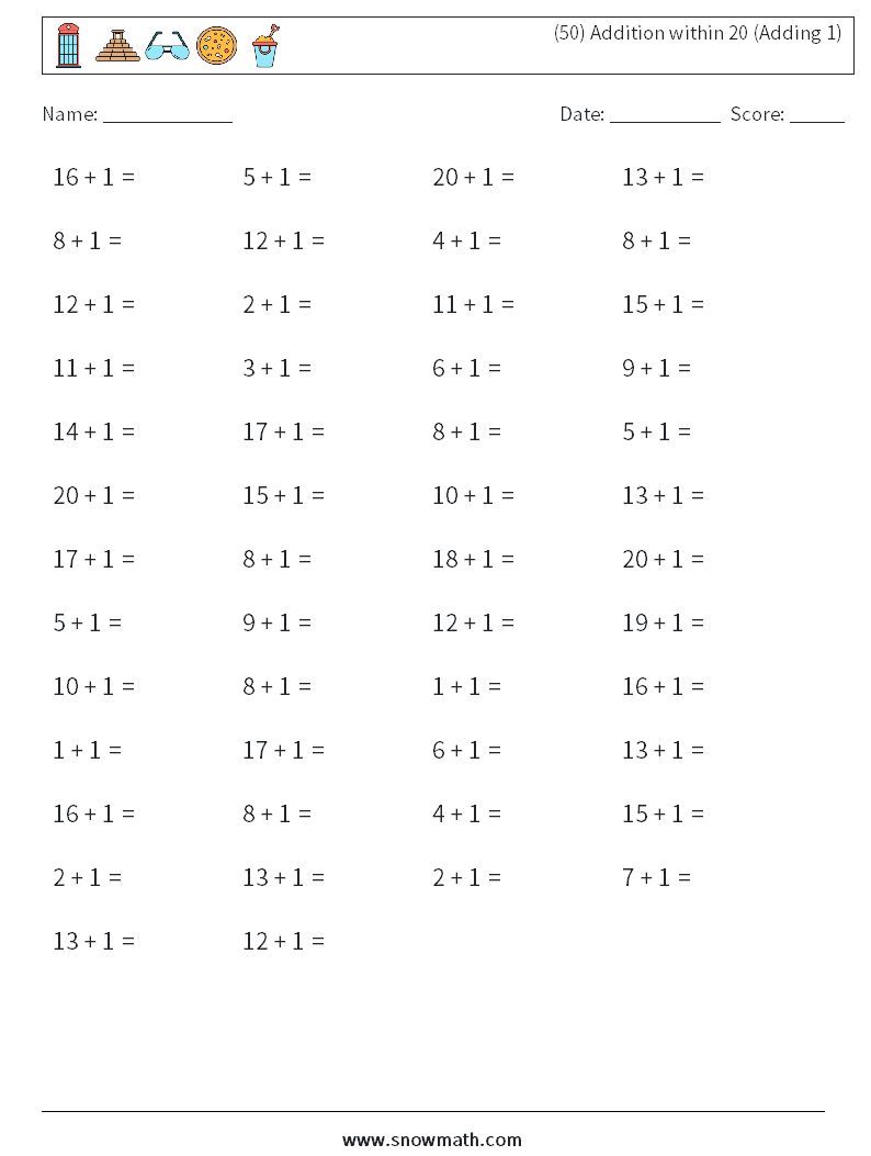 (50) Addition within 20 (Adding 1) Math Worksheets 9