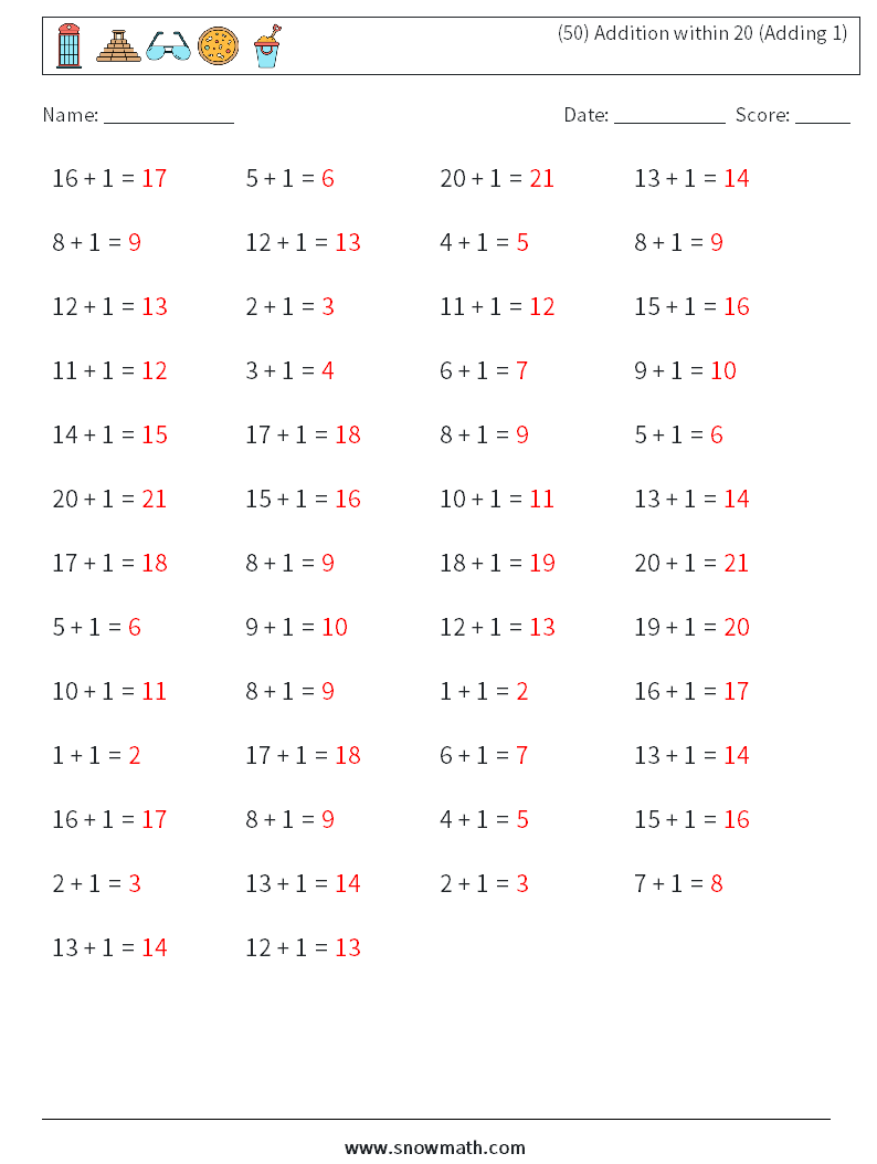 (50) Addition within 20 (Adding 1) Math Worksheets 9 Question, Answer