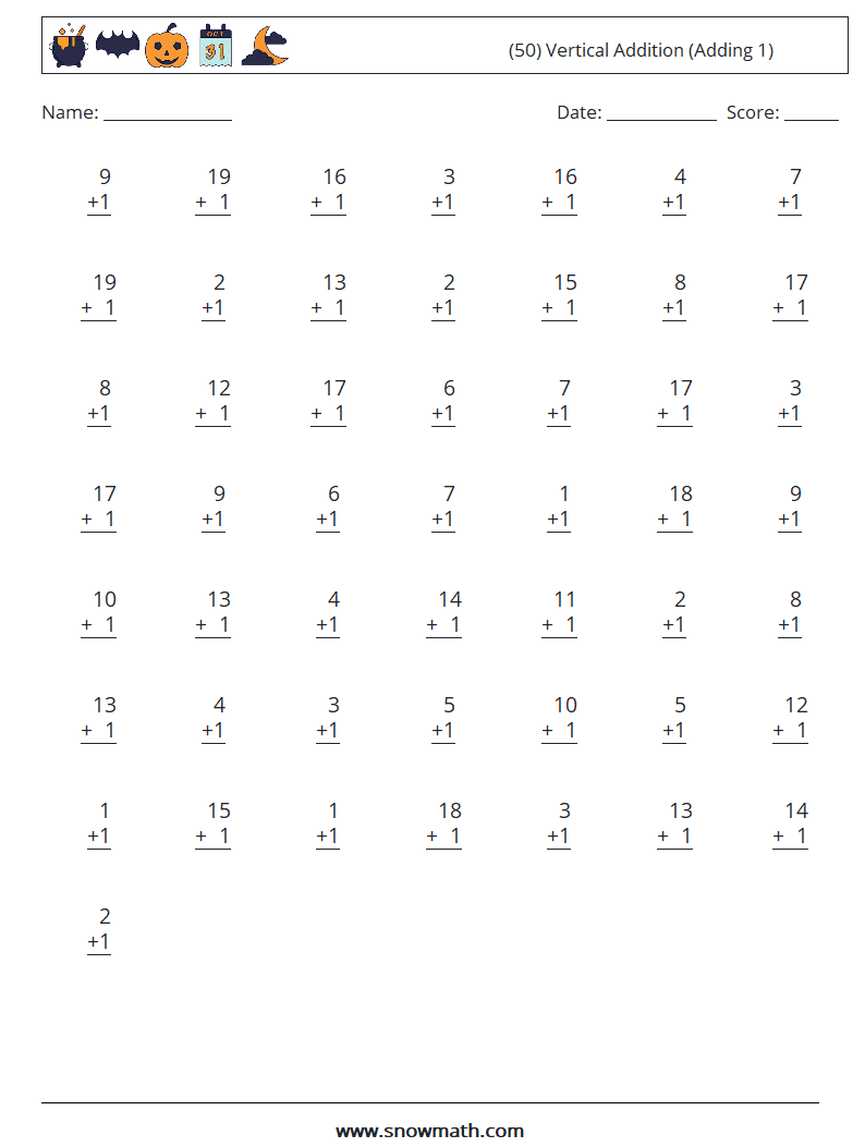 (50) Vertical  Addition (Adding 1) Math Worksheets 12