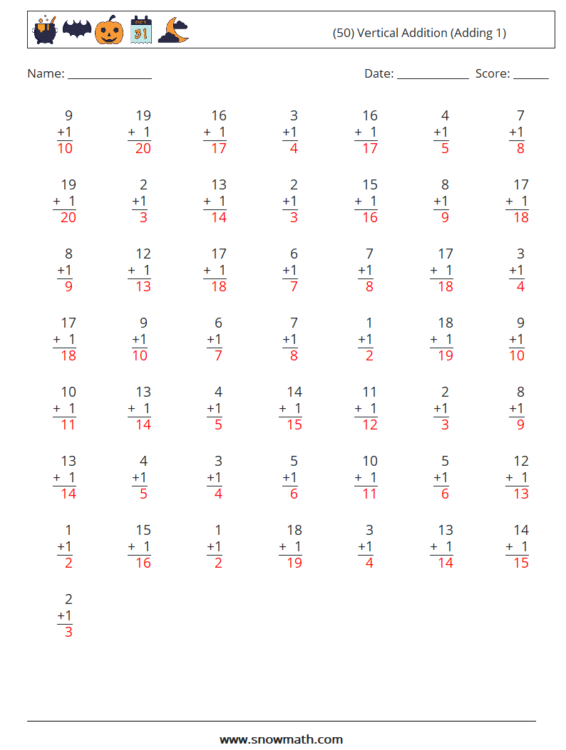 (50) Vertical  Addition (Adding 1) Math Worksheets 12 Question, Answer